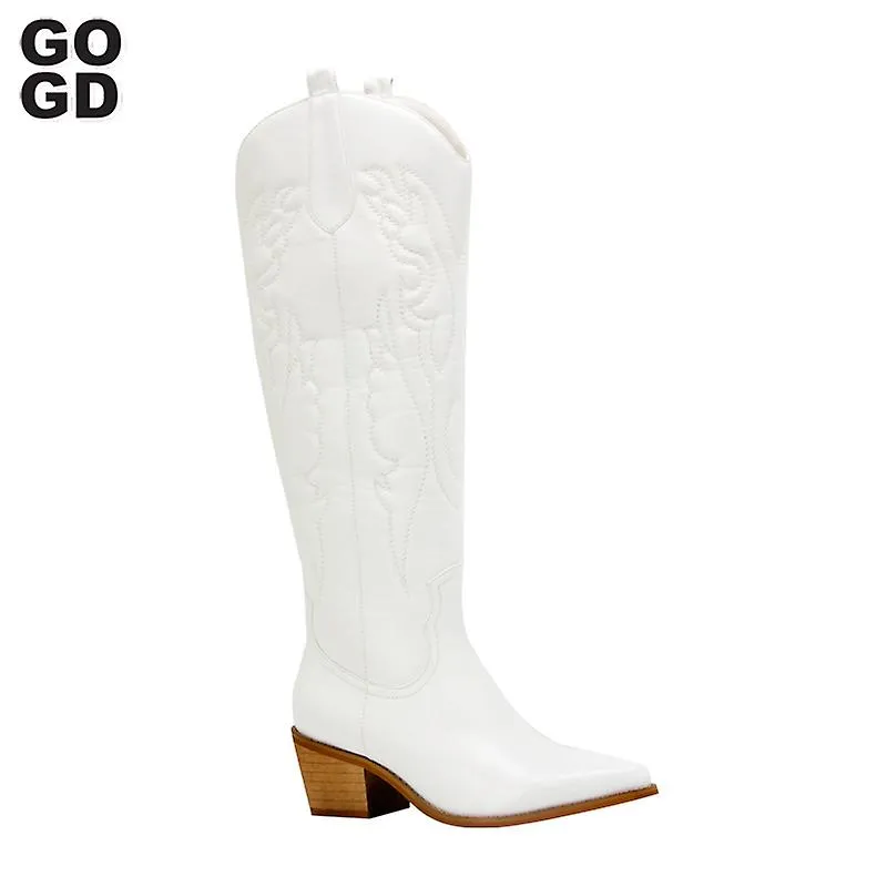 Retro Otoño Invierno Botas altas de rodilla blanca Talla grande 41 Mujeres Cómoda Caminando Bota vaquera occidental femenina par