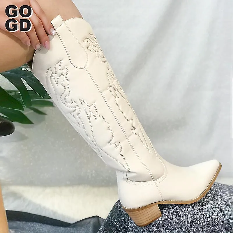 Retro Otoño Invierno Botas altas de rodilla blanca Talla grande 41 Mujeres Cómoda Caminando Bota vaquera occidental femenina par
