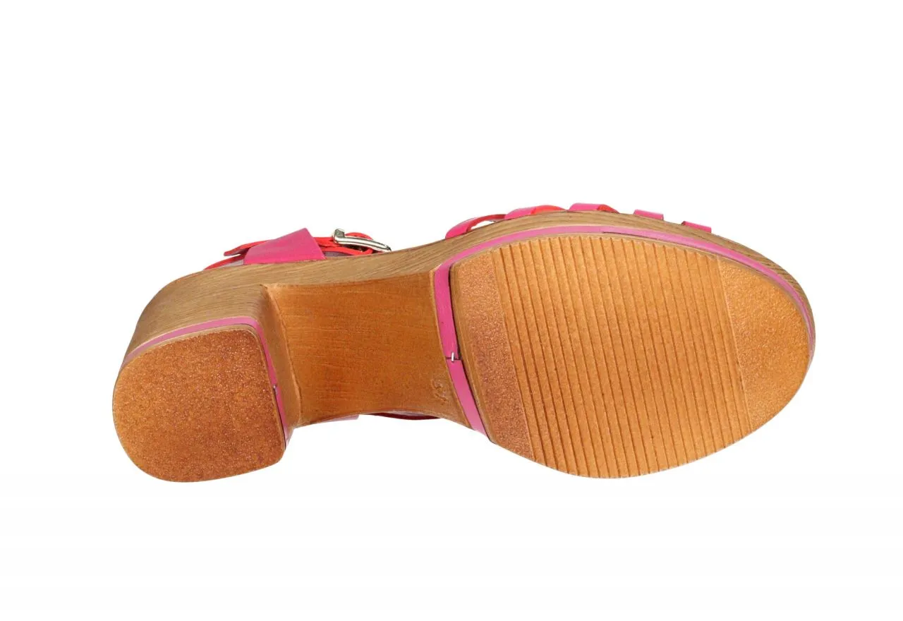 Sandalia Piel Fucsia Pala Tiras Con Pulsera Tacón Alto
