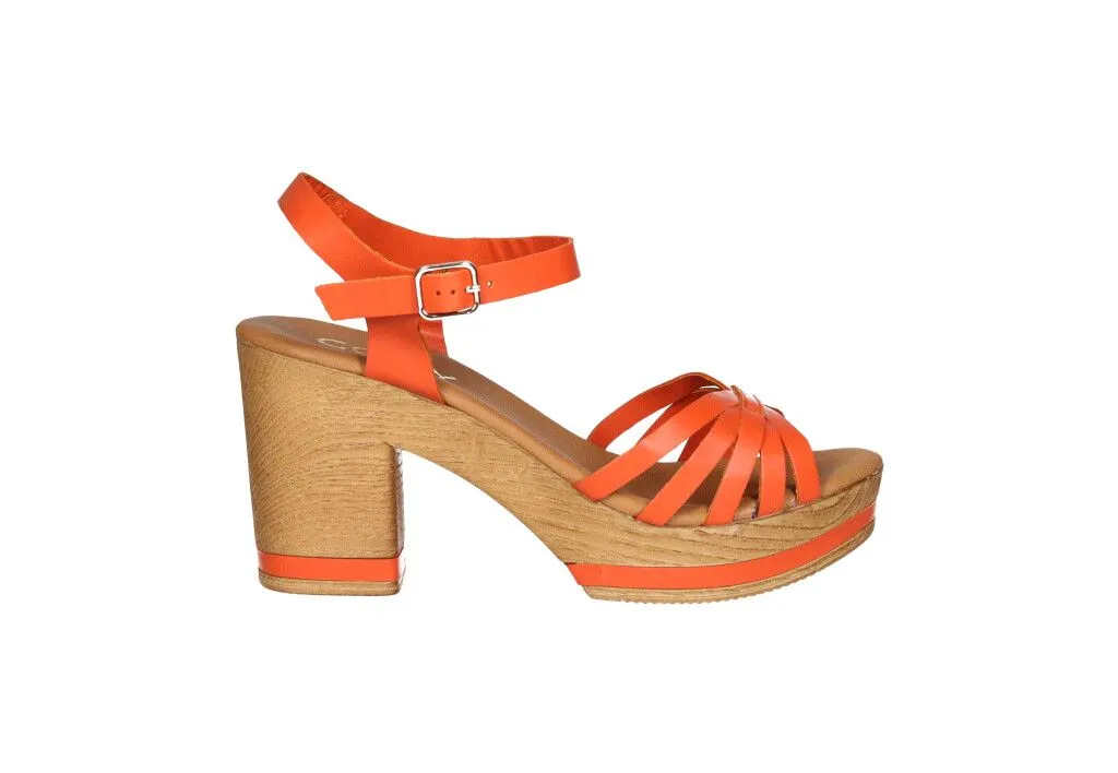 Sandalia Piel Naranja Pala Tiras Con Pulsera Tacón Alto