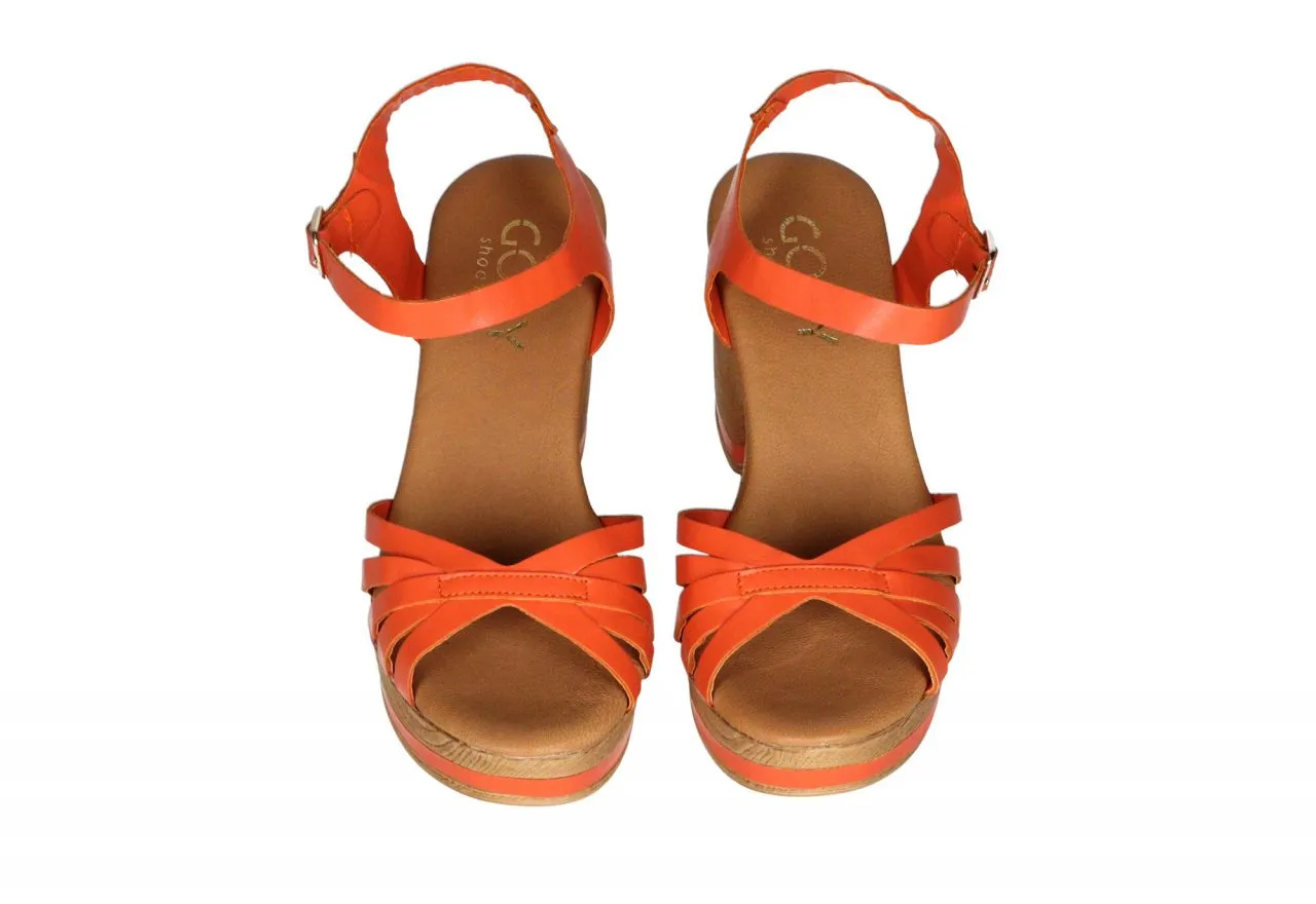 Sandalia Piel Naranja Pala Tiras Con Pulsera Tacón Alto
