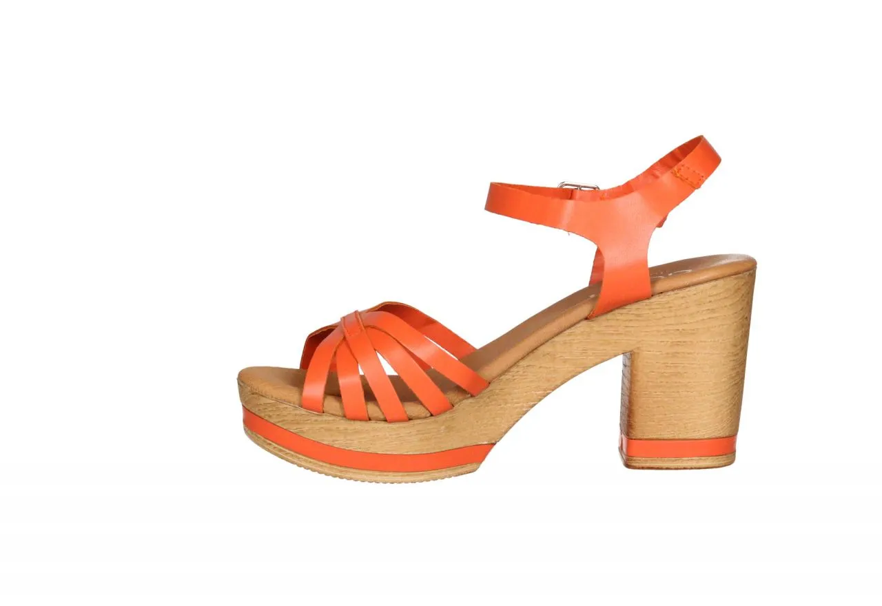 Sandalia Piel Naranja Pala Tiras Con Pulsera Tacón Alto