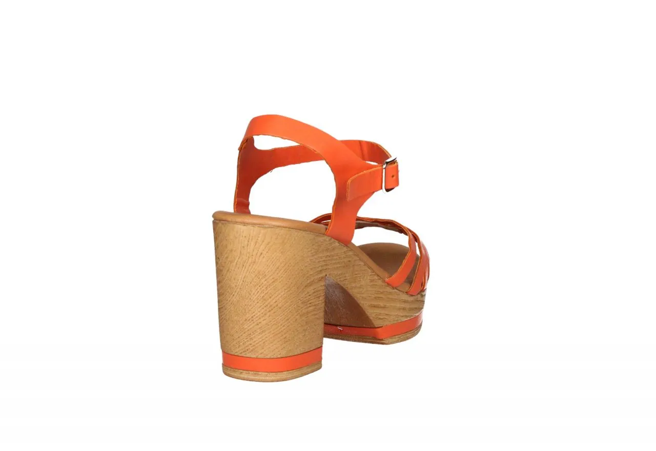 Sandalia Piel Naranja Pala Tiras Con Pulsera Tacón Alto