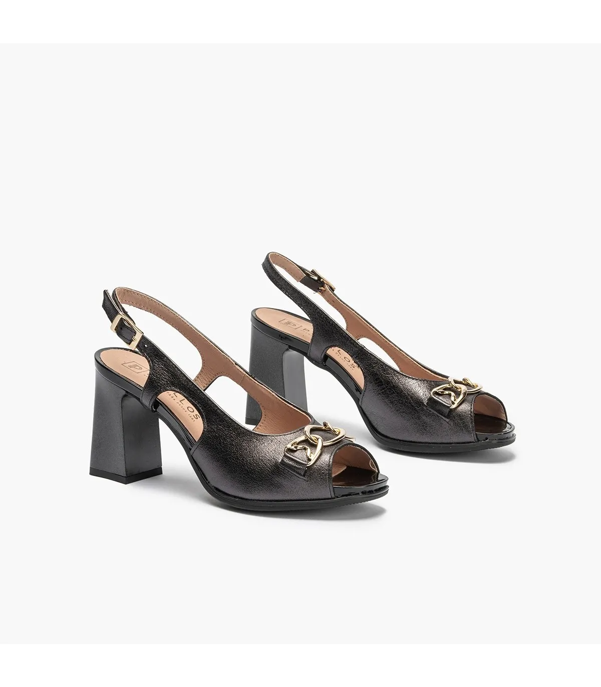 Sandalia tacón alto mujer laminado adorno hebilla NEGRO