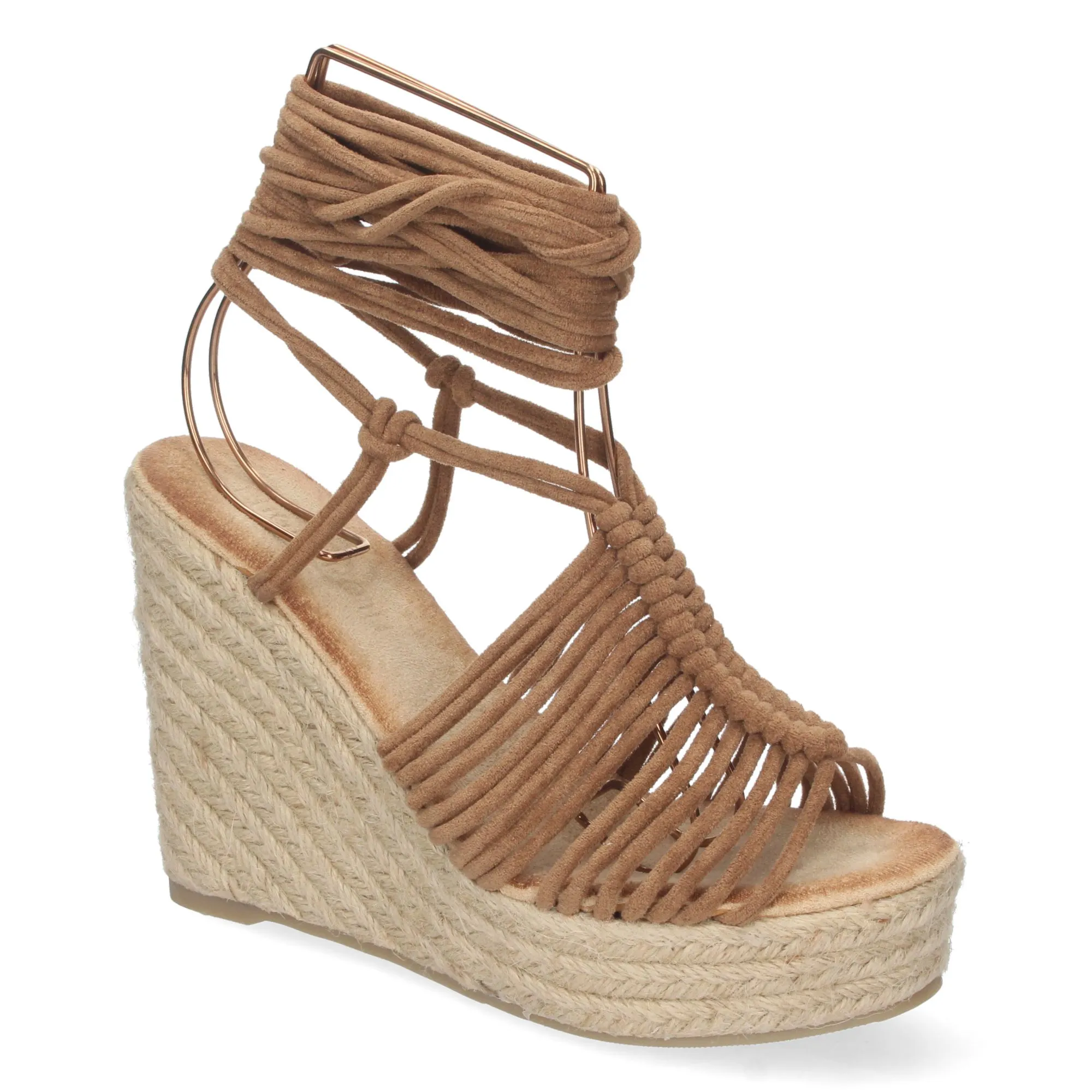 Sandalias de cuña forrada de yute diseño tiras color camel
