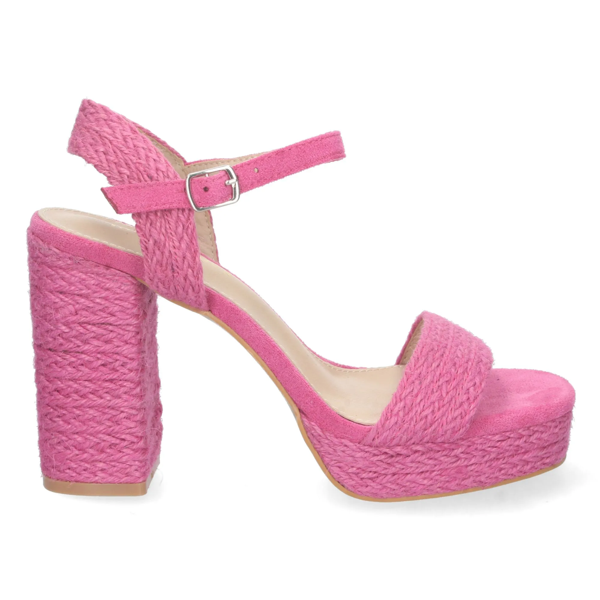 Sandalias de tacón alto con yute y hebilla pala simple mujer color fucsia 8873