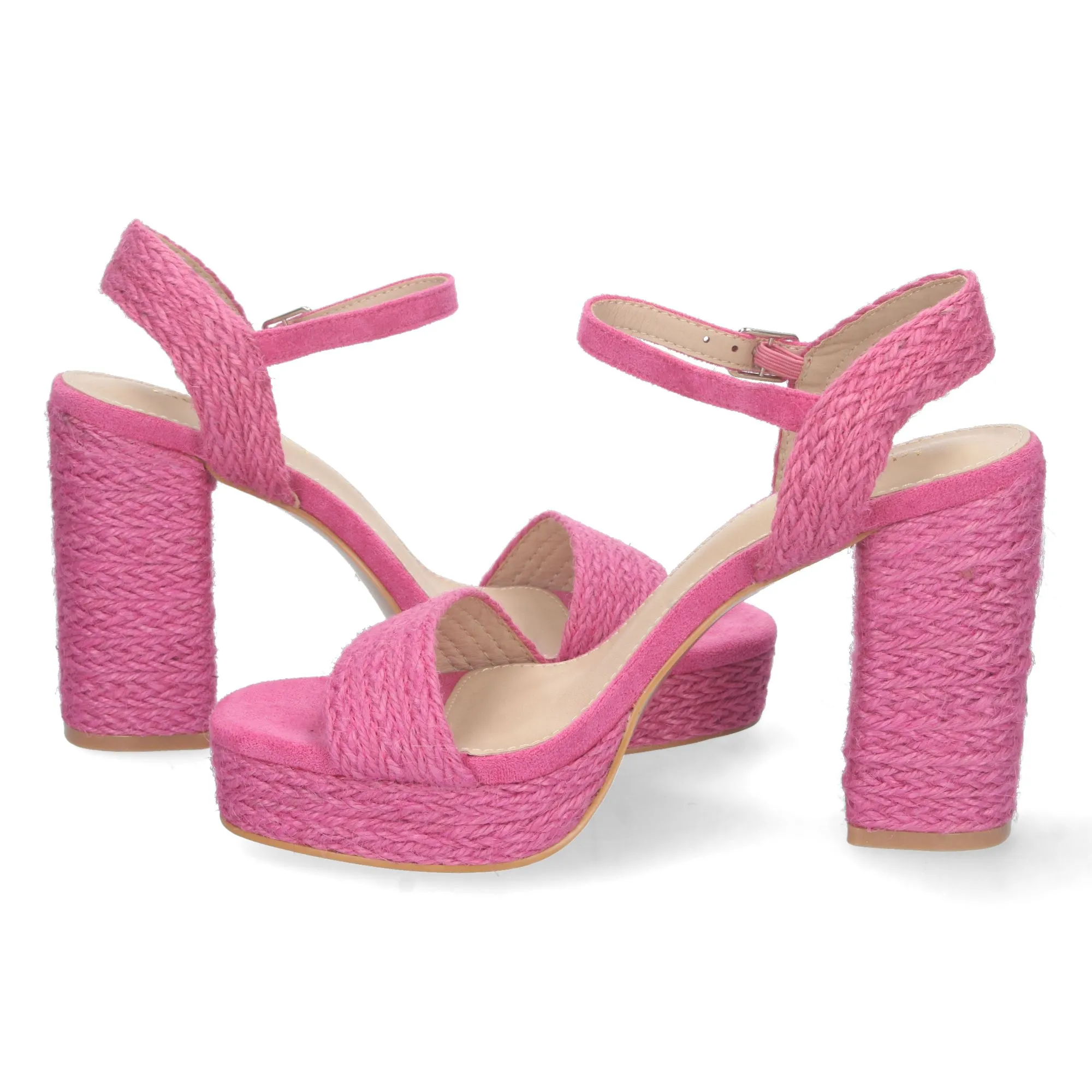 Sandalias de tacón alto con yute y hebilla pala simple mujer color fucsia 8873