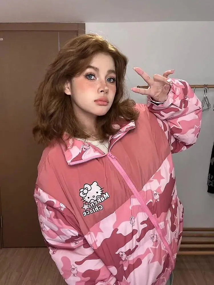 Sanrio Anime Kawaii Hello Kitty American Suelto Otoño Invierno Camuflaje Con Cremallera De Colores Bloqueados Chaqueta Pareja Ro