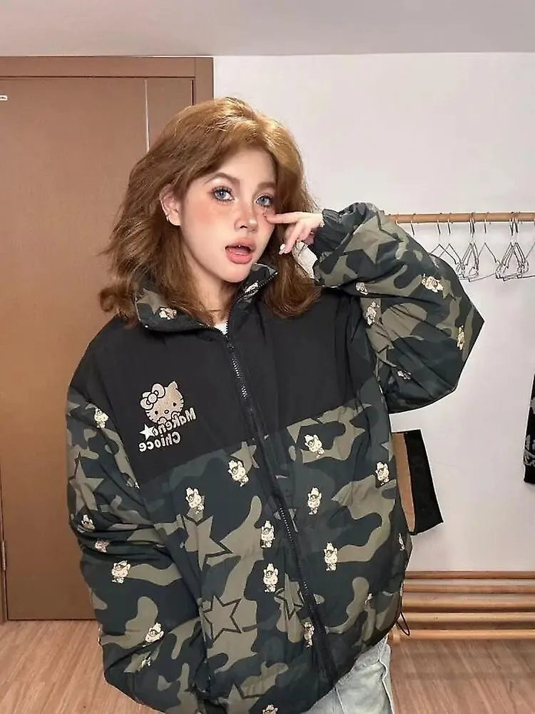 Sanrio Anime Kawaii Hello Kitty American Suelto Otoño Invierno Camuflaje Con Cremallera De Colores Bloqueados Chaqueta Pareja Ro