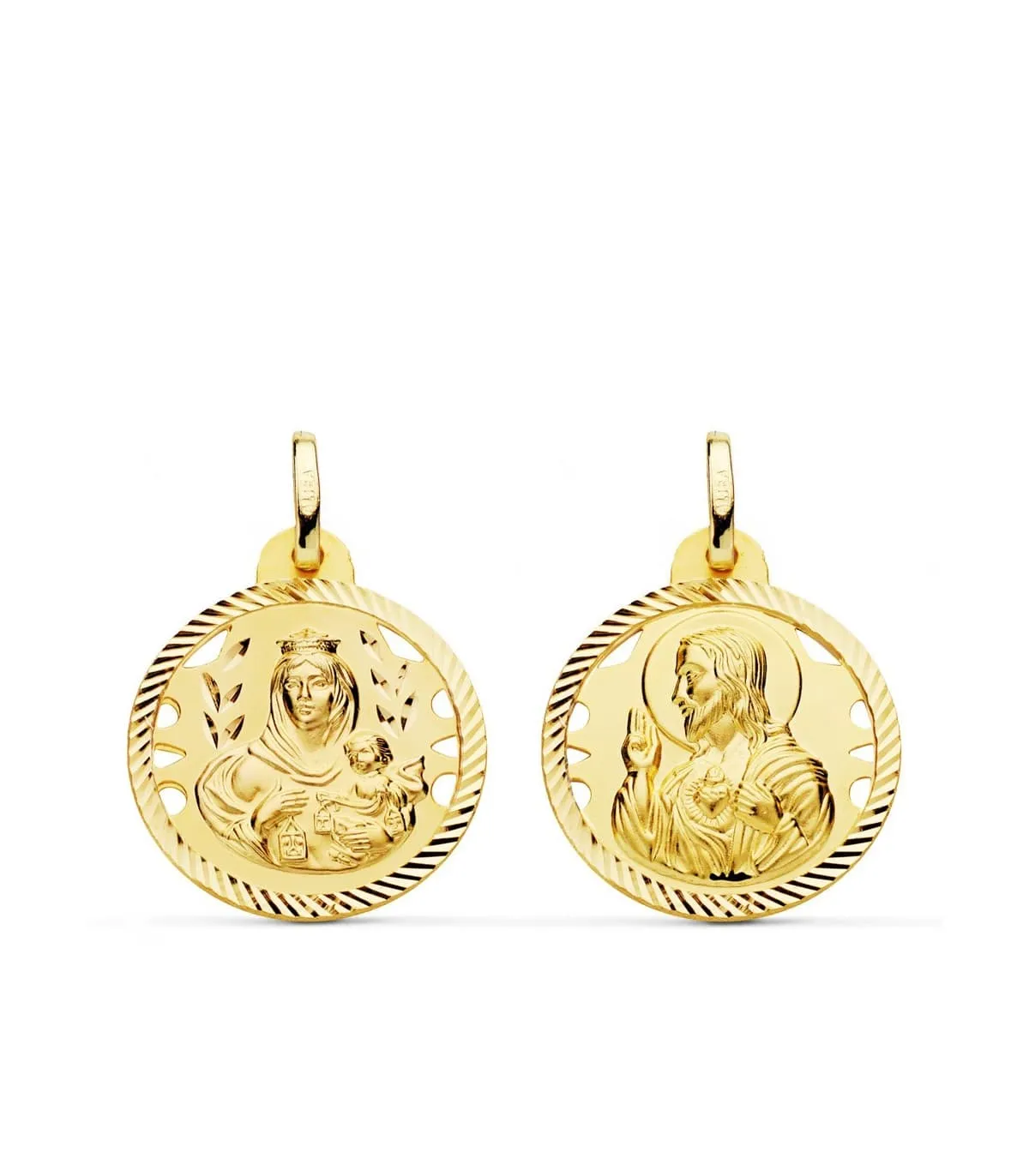 Scapulaire Vierge du Mont Carmel et Sacré Coeur Or 18 K 20mm Ajourée