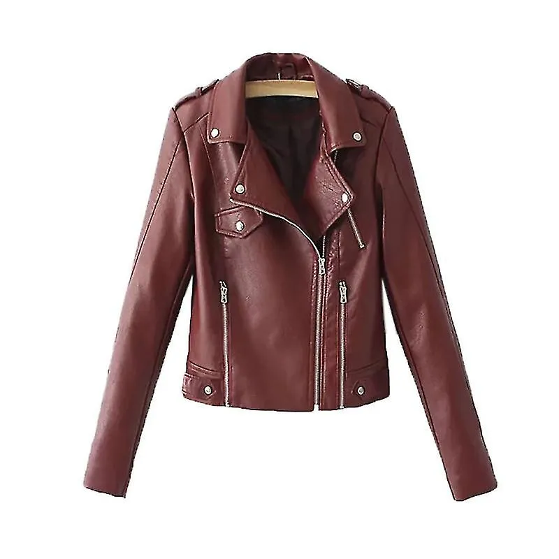 Solapa Manga Larga Cremallera Bolsillo Mujer Chaqueta Otoño Invierno Chaqueta De Moto De Piel Sintética De Color Sólido