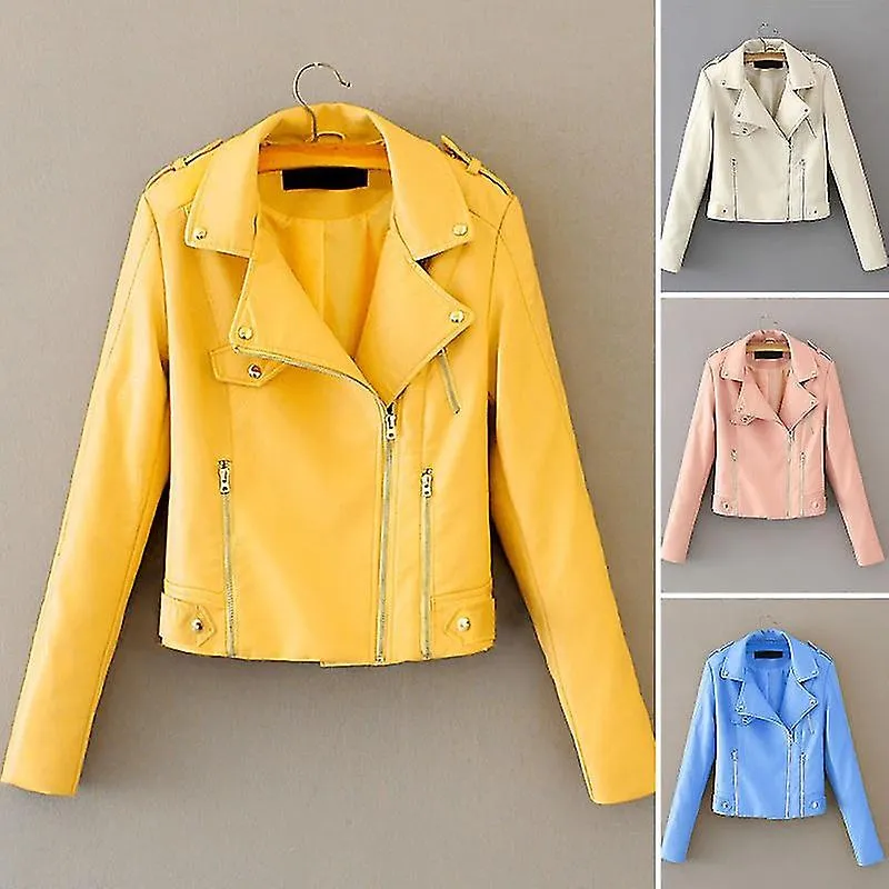 Solapa Manga Larga Cremallera Bolsillo Mujer Chaqueta Otoño Invierno Chaqueta De Moto De Piel Sintética De Color Sólido