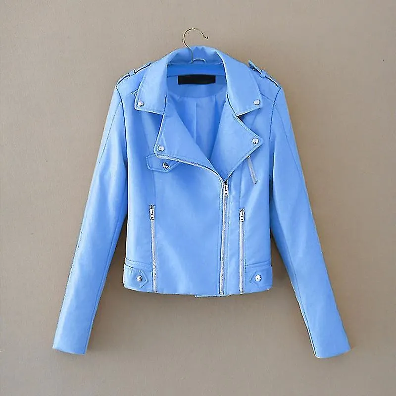 Solapa Manga Larga Cremallera Bolsillo Mujer Chaqueta Otoño Invierno Chaqueta De Moto De Piel Sintética De Color Sólido