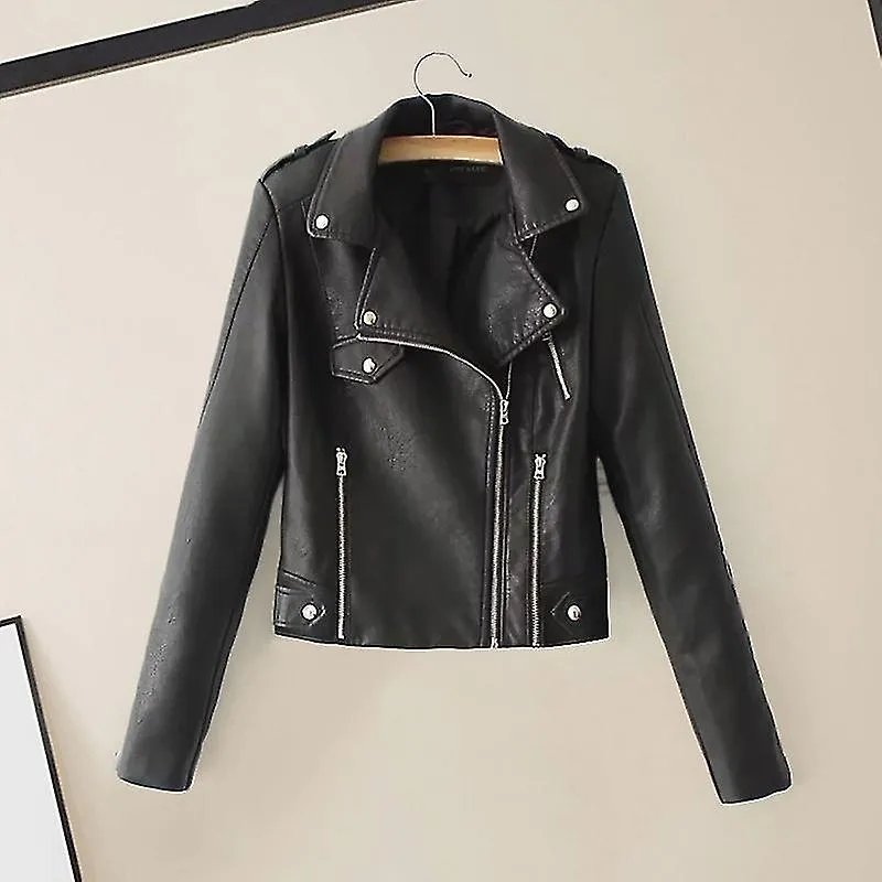 Solapa Manga Larga Cremallera Bolsillo Mujer Chaqueta Otoño Invierno Chaqueta De Moto De Piel Sintética De Color Sólido