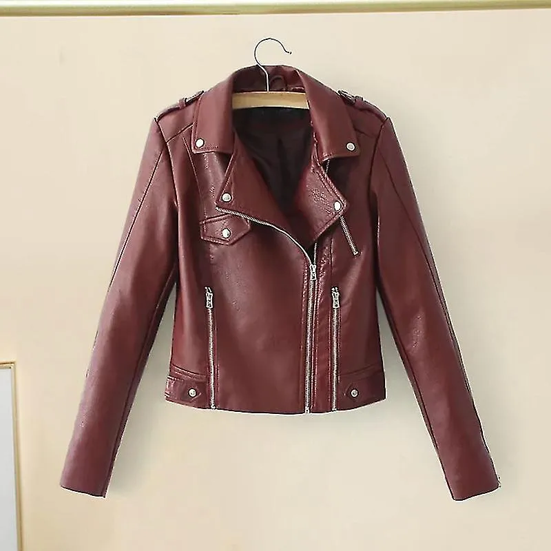 Solapa Manga Larga Cremallera Bolsillo Mujer Chaqueta Otoño Invierno Chaqueta De Moto De Piel Sintética De Color Sólido