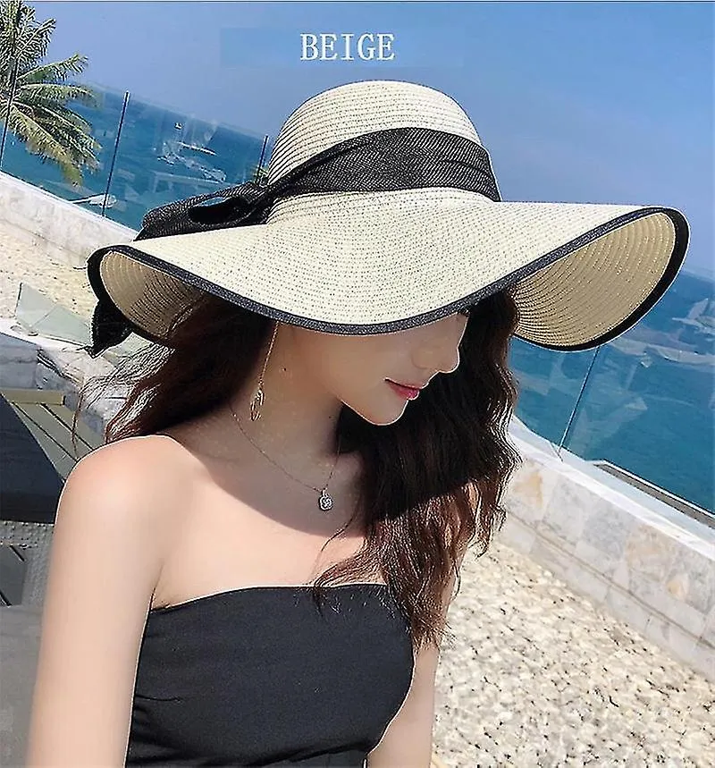 Sombrero de paja de sol para mujer Sombrero de verano de ala ancha Sombreros de playa plegables enrollables y flexibles para muj