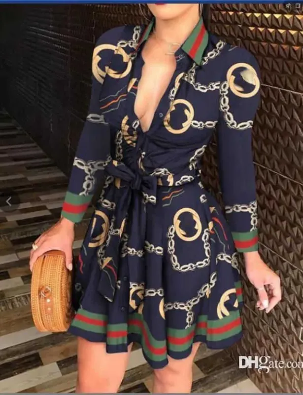 Tallas grandes Vestidos de mujer Camisa de vendaje Primavera Verano con cordones Botón hacia abajo Cadena Impreso Solapa Cuello 