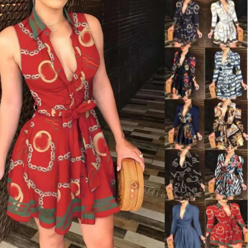 Tallas grandes Vestidos de mujer Camisa de vendaje Primavera Verano con cordones Botón hacia abajo Cadena Impreso Solapa Cuello 