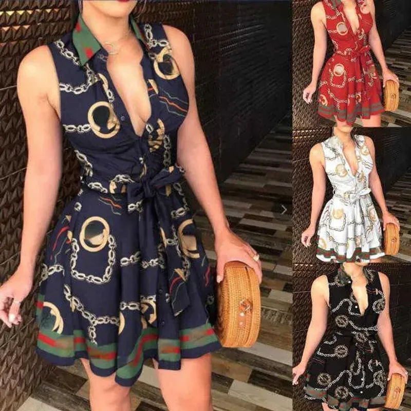 Tallas grandes Vestidos de mujer Camisa de vendaje Primavera Verano con cordones Botón hacia abajo Cadena Impreso Solapa Cuello 