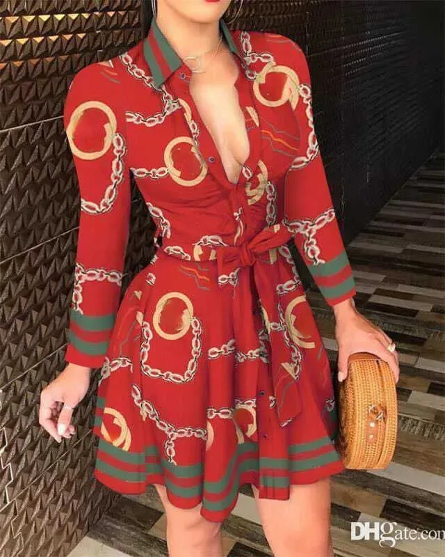Tallas grandes Vestidos de mujer Camisa de vendaje Primavera Verano con cordones Botón hacia abajo Cadena Impreso Solapa Cuello 