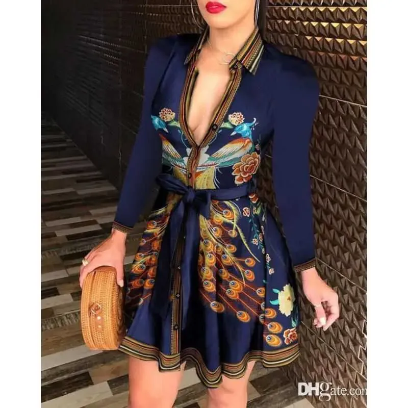 Tallas grandes Vestidos de mujer Camisa de vendaje Primavera Verano con cordones Botón hacia abajo Cadena Impreso Solapa Cuello 