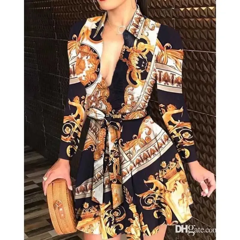 Tallas grandes Vestidos de mujer Camisa de vendaje Primavera Verano con cordones Botón hacia abajo Cadena Impreso Solapa Cuello 