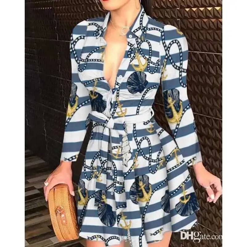 Tallas grandes Vestidos de mujer Camisa de vendaje Primavera Verano con cordones Botón hacia abajo Cadena Impreso Solapa Cuello 