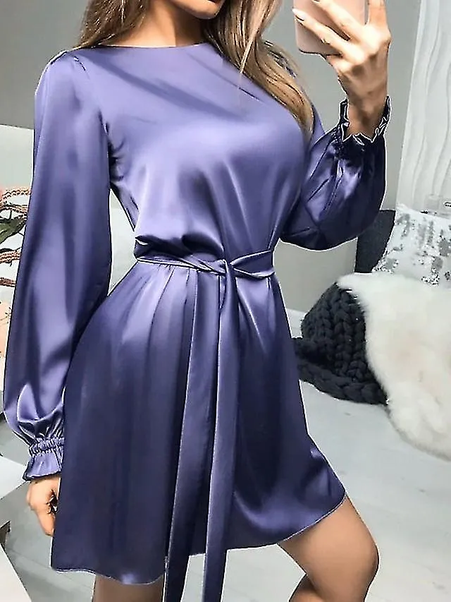 Vestido de satén para mujer verde azul caqui manga larga color puro cordón hasta invierno otoño cuello redondo vestido de invier
