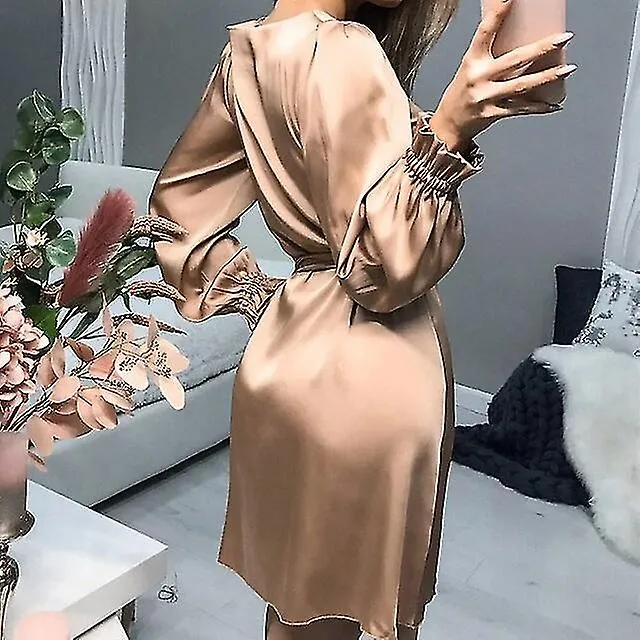 Vestido de satén para mujer verde azul caqui manga larga color puro cordón hasta invierno otoño cuello redondo vestido de invier