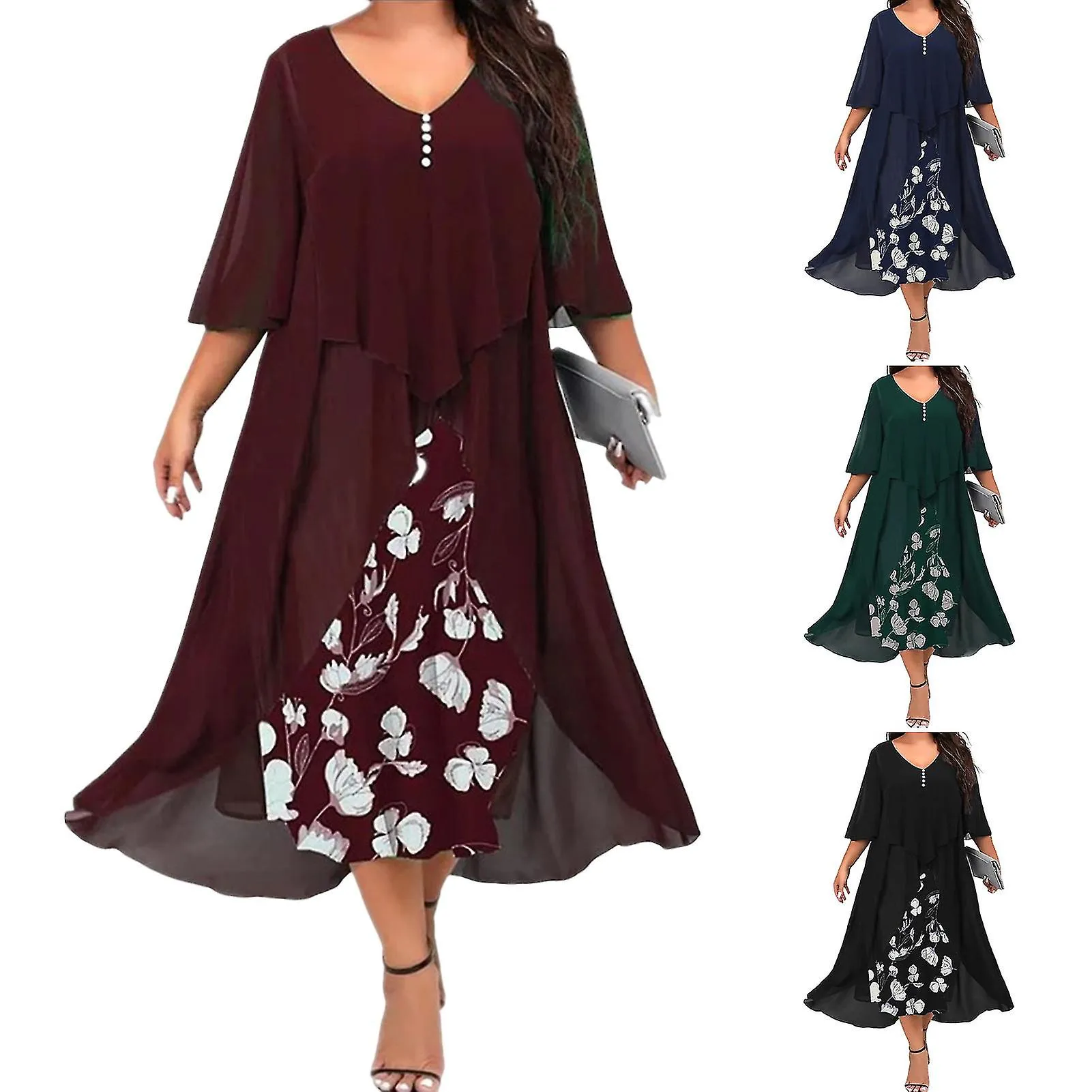 Vestido largo de medias mangas Empalme de gasa Cuello en V Cintura holgada Swing Dobladillo grande Elegante estampado floral Muj