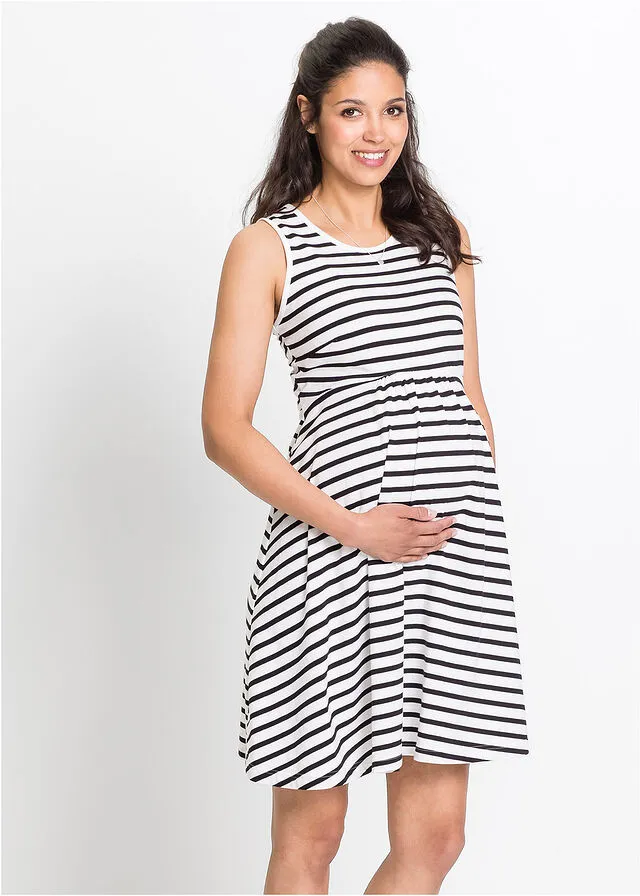 VESTIDO PREMAMá DE PUNTO CON DISEñO DE RAYAS NEGROBLANCO DE RAYAS