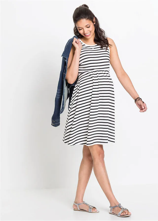 VESTIDO PREMAMá DE PUNTO CON DISEñO DE RAYAS NEGROBLANCO DE RAYAS