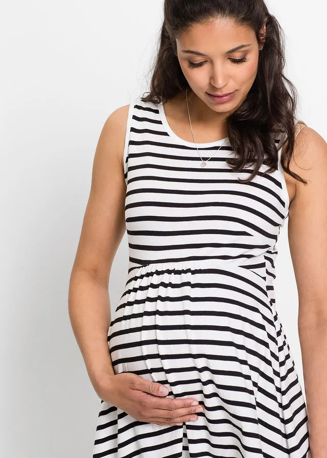 VESTIDO PREMAMá DE PUNTO CON DISEñO DE RAYAS NEGROBLANCO DE RAYAS