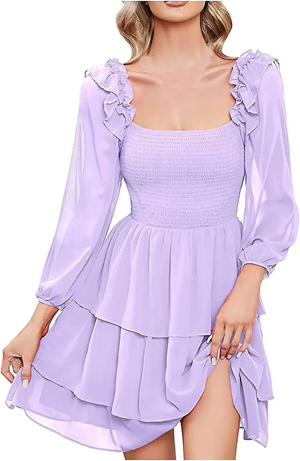 Vestidos para mujeres Vestido de gasa Mujer de color sólido Cuello cuadrado Slim Fit Vestido de pastel de manga larga Vestido de