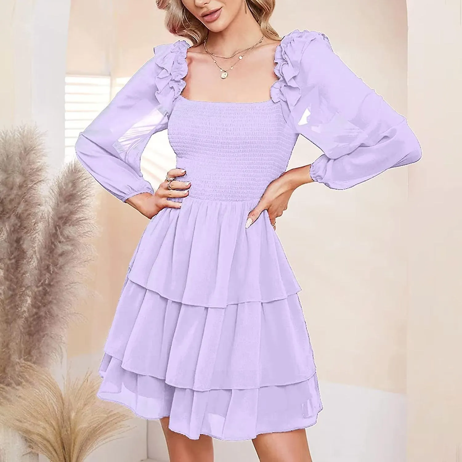 Vestidos para mujeres Vestido de gasa Mujer de color sólido Cuello cuadrado Slim Fit Vestido de pastel de manga larga Vestido de