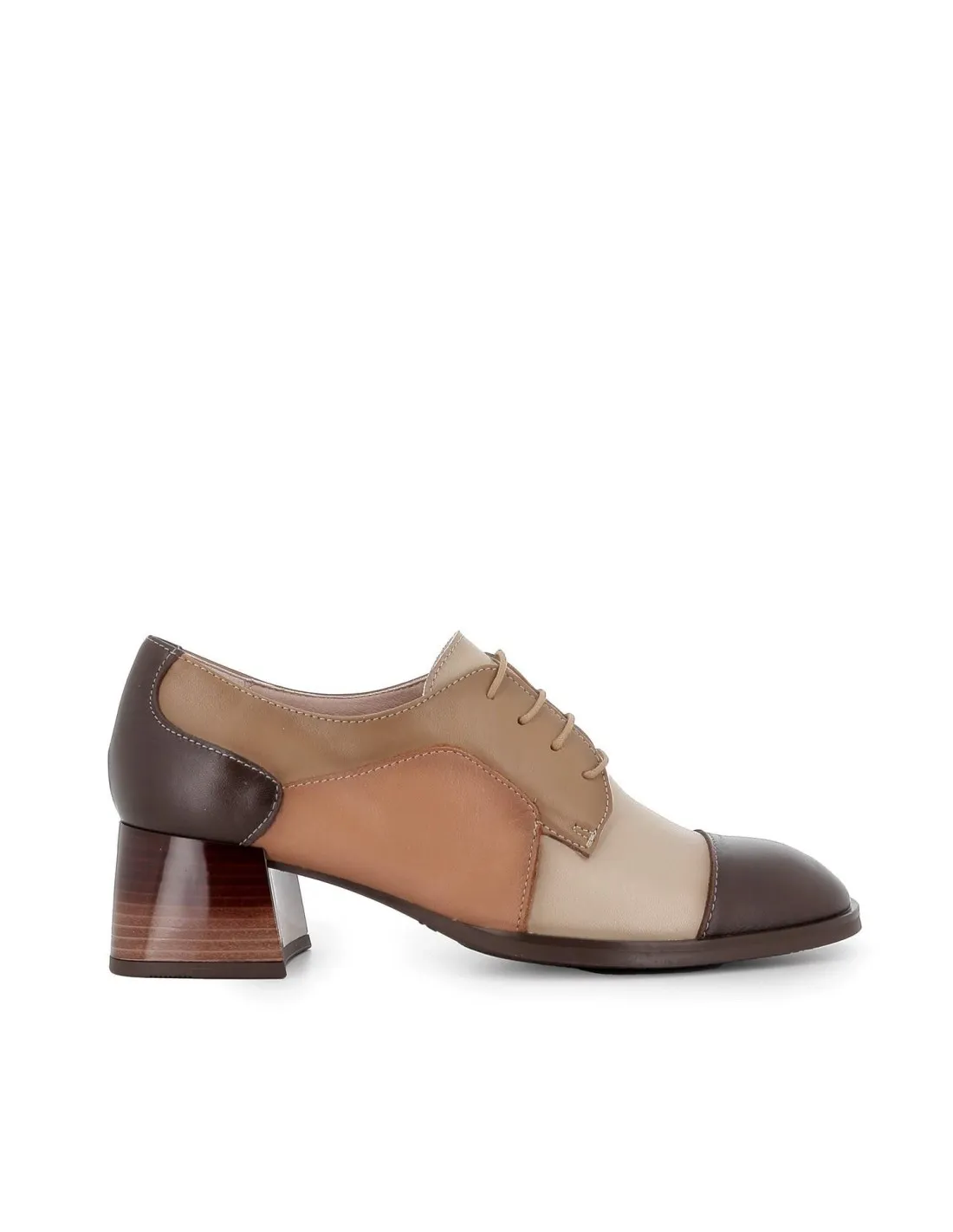 Zapato cordones tacón bajo piel beige mujer Hispanitas