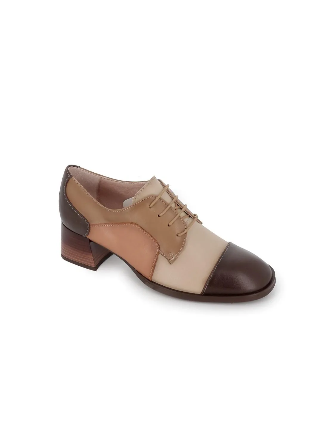 Zapato cordones tacón bajo piel beige mujer Hispanitas