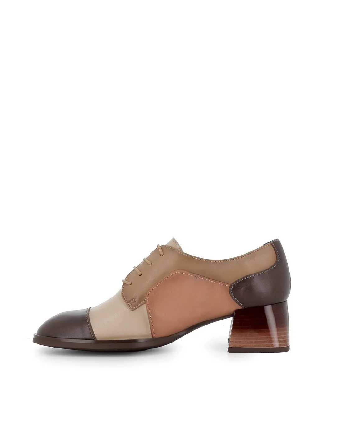 Zapato cordones tacón bajo piel beige mujer Hispanitas