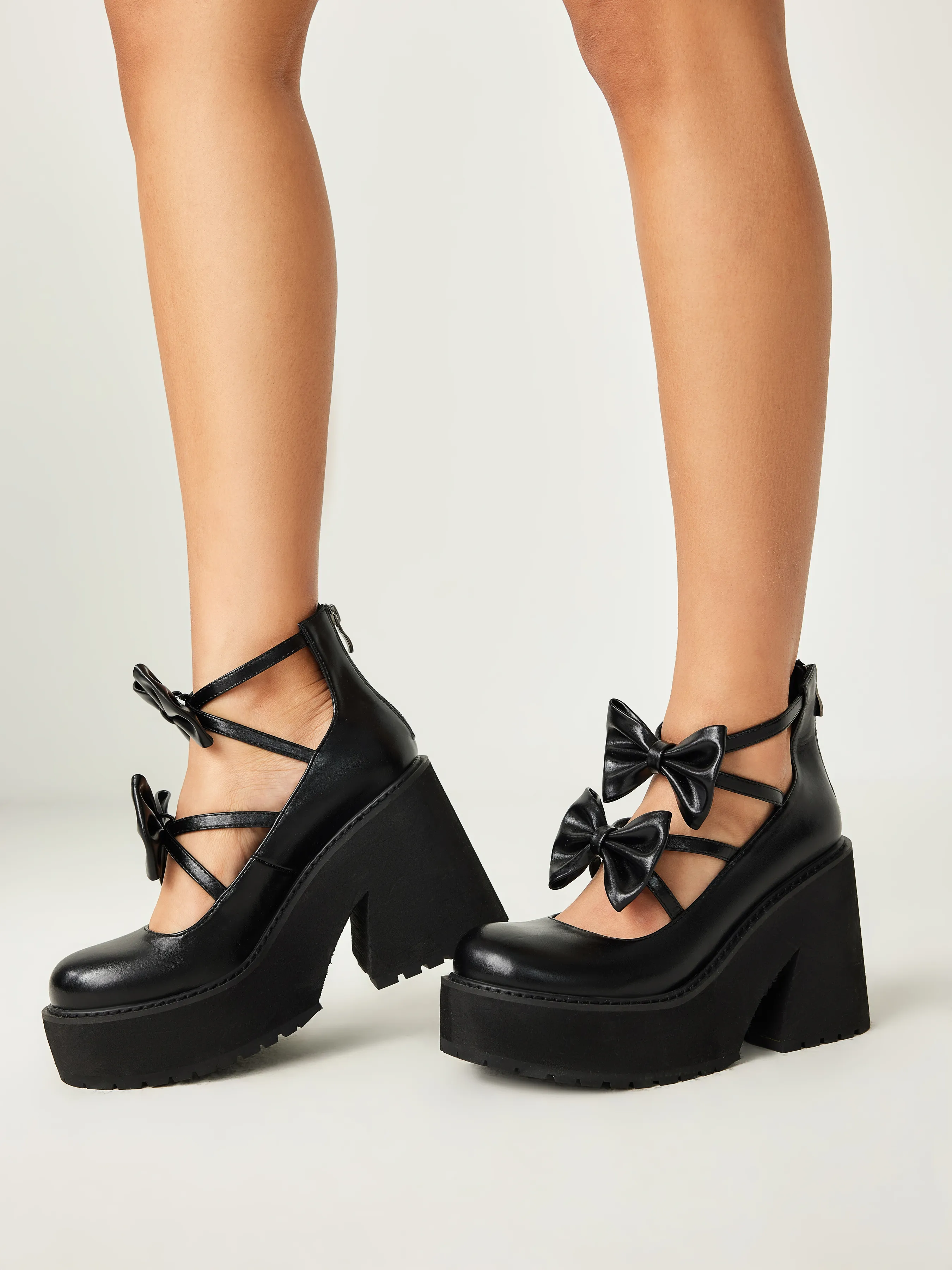  Zapatos Mary Jane con Tacón Grueso y Punta Redonda Decorados con Lazo
